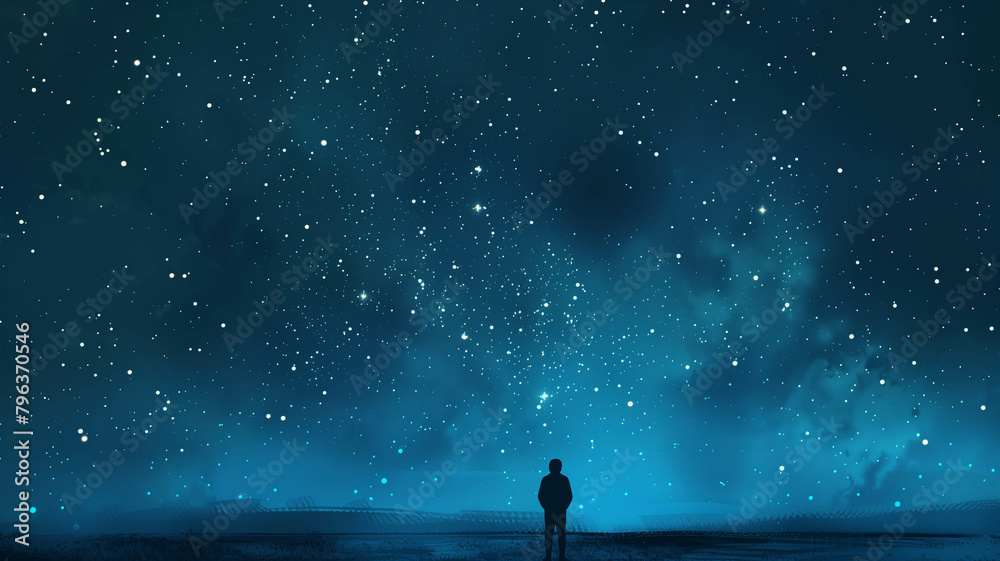 A silhouette of a person standing under a vast night sky illuminated by ...