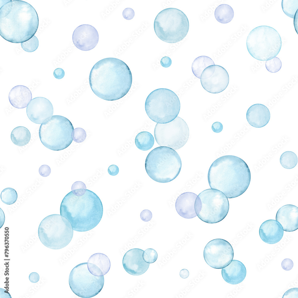 Delicate blue polka dots. Seamless pattern of round doodle spots. Simple geometric shape. Bubbles in soft pastel color. Circles in creative minimalist style. Watercolor illustration for wrapping