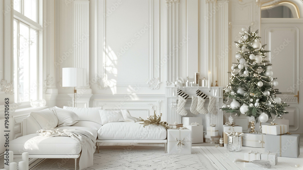 custom made wallpaper toronto digitalA Stylish Christmas Scandinavian minimalistic interior with white decor. Ai generated