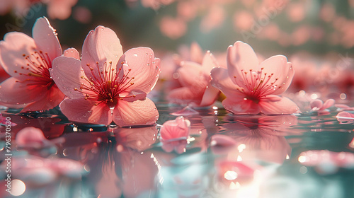 Delicate cherry blossom petals floating on a calm pond surface