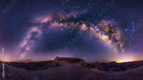 A panoramic shot of the Milky Way galaxy stretching across the night sky  captured with a DSLR camera on a clear night. Ai generated