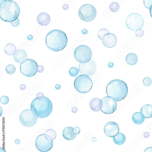 Delicate blue polka dots. Seamless pattern of round doodle spots. Simple geometric shape. Bubbles in soft pastel color. Circles in creative minimalist style. Watercolor illustration for wrapping