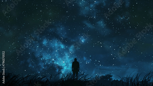 A silhouette of a person standing under a vast night sky illuminated by millions of stars, conveying awe and insignificance. Ai generated photo