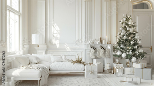 A Stylish Christmas Scandinavian minimalistic interior with white decor. Ai generated