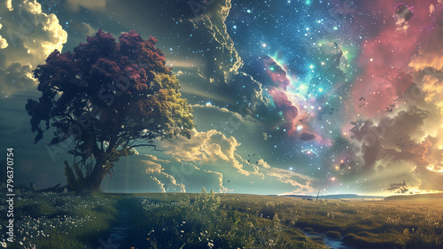 A surreal composition blending a cosmic nebula with a serene countryside scene. Ai generated