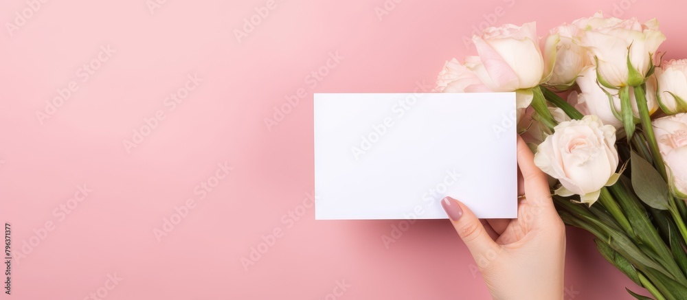Hand holding floral card on pink Hand holding floral card on pink
