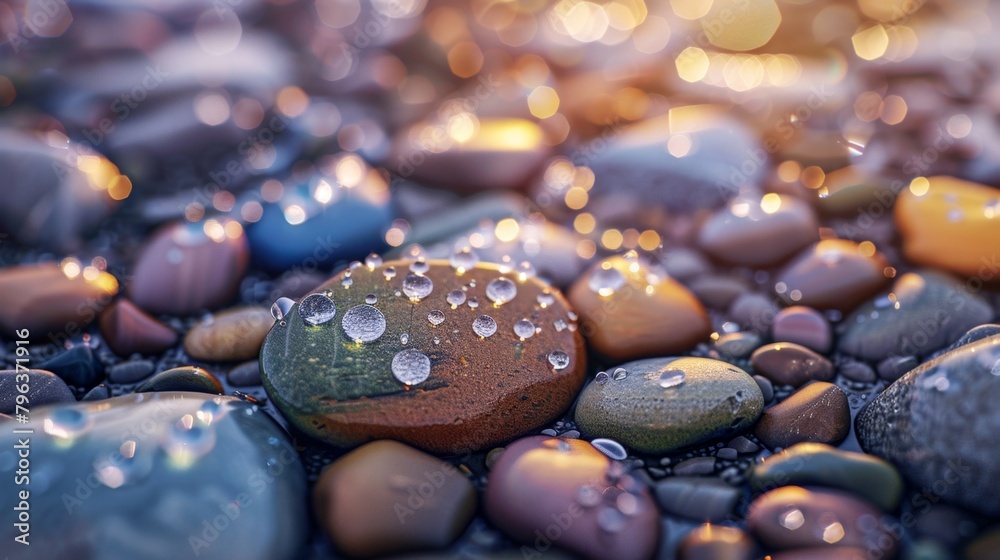 Close-up of colorful pebbles washed smooth by the sea, hyperrealistic and glistening with water Close-up of colorful pebbles washed smooth by the sea, hyperrealistic and glistening with water