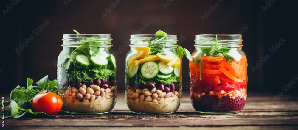 Three jars of assorted food on table