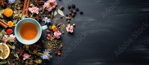 Hot tea with blooms and spices