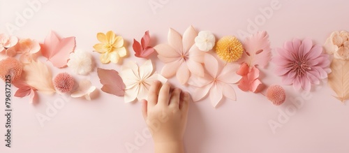 Person crafting paper flower garland on pink backdrop photo