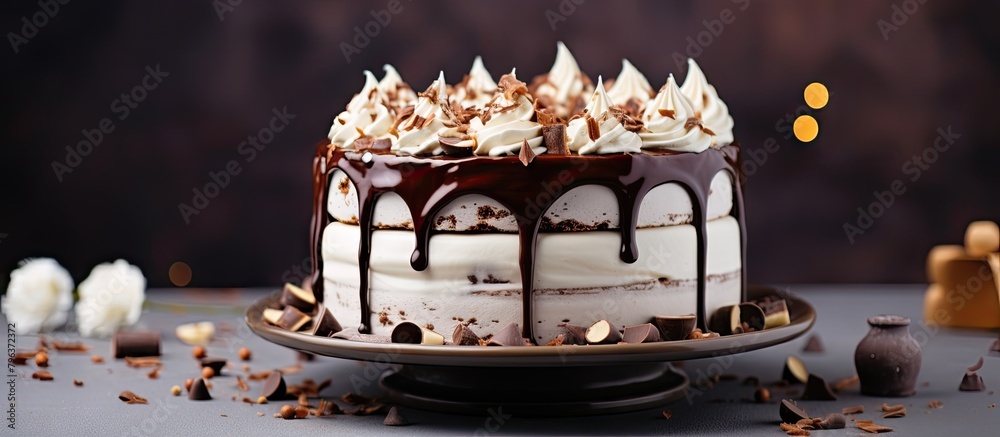 Chocolate cake with frosting and decorations