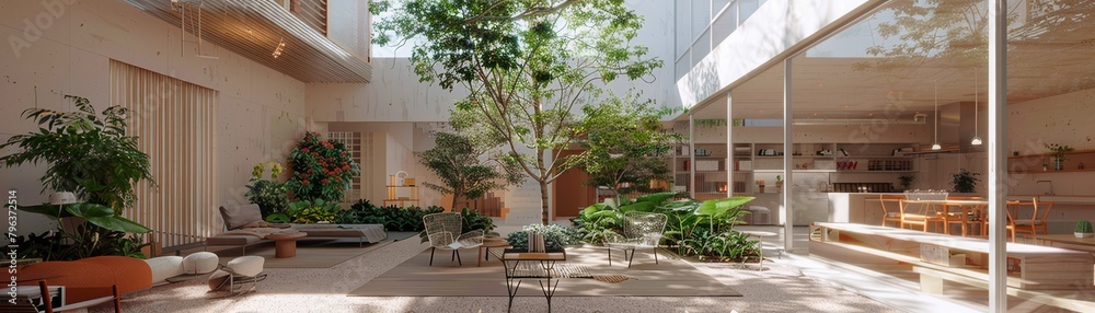 Fototapeta premium An open concept living space with a large tree in the center and lots of plants. The space is modern and minimalist, with white walls and concrete floors. There is a large glass window that lets in lo