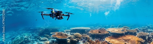 An underwater drone flies over a coral reef. photo