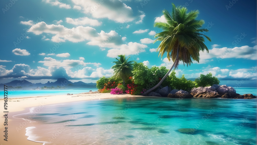 Tropical sea with fishes, blue sky, clean water. 3D Illustration
