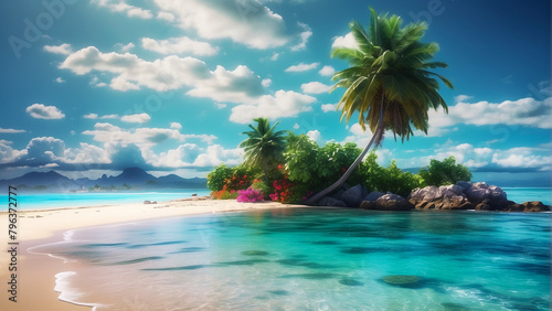 Tropical sea with fishes  blue sky  clean water. 3D Illustration 