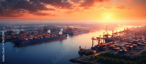 Container ship docked in harbor during sunset