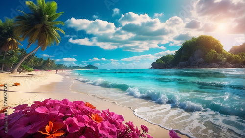 Tropical sea with fishes, blue sky, clean water. 3D Illustration

