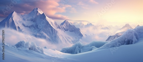 Mountains covered in snow and ice at sunset