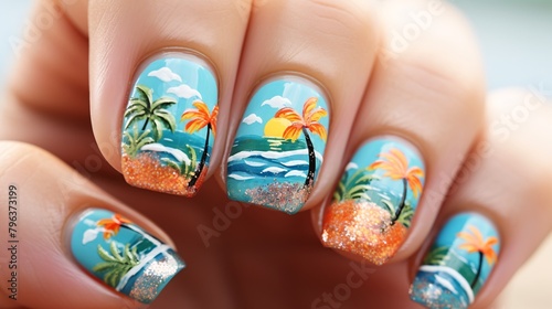 a painted nails with palm trees and a beach