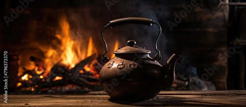 A kettle by a blazing fire on a table