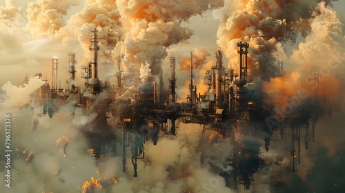 artwork depicting a  factory district, with smokestacks belching toxic fumes into the polluted sky above photo