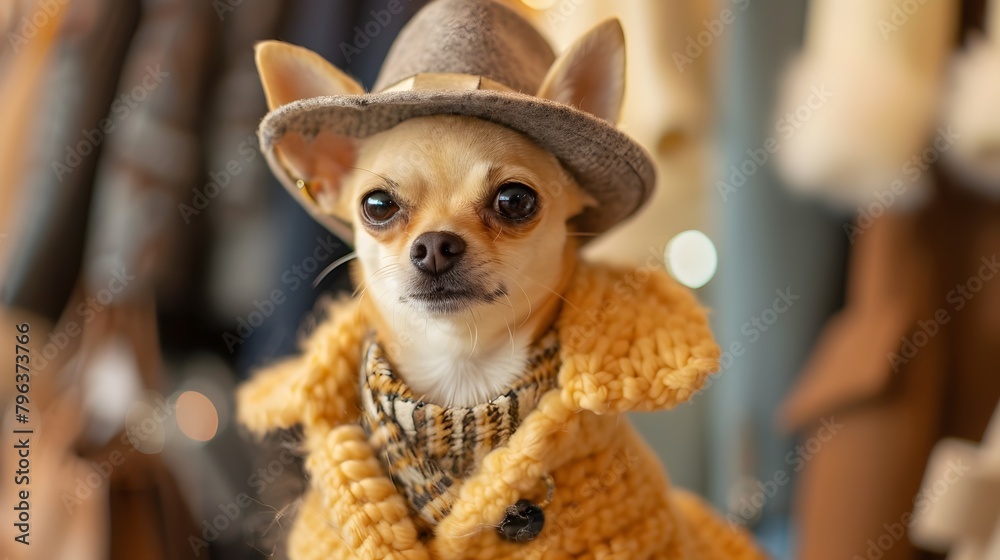 Chihuahua Attempting to Try on Elegant Fashion Attire in an Upscale Retail Environment