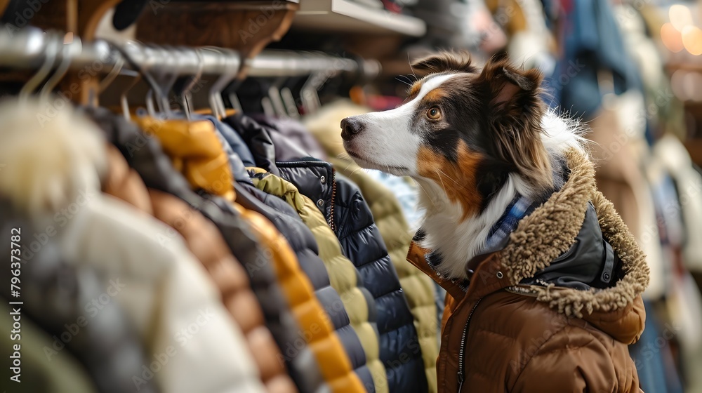 Adorable Border Collie Browsing Through Winter Coat Rack in Pet Boutique Adorable Border Collie Browsing Through Winter Coat Rack in Pet Boutique
