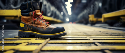 Close-up of a worker's boots walking on a safety demarcation line within a heavy machinery zone, photo