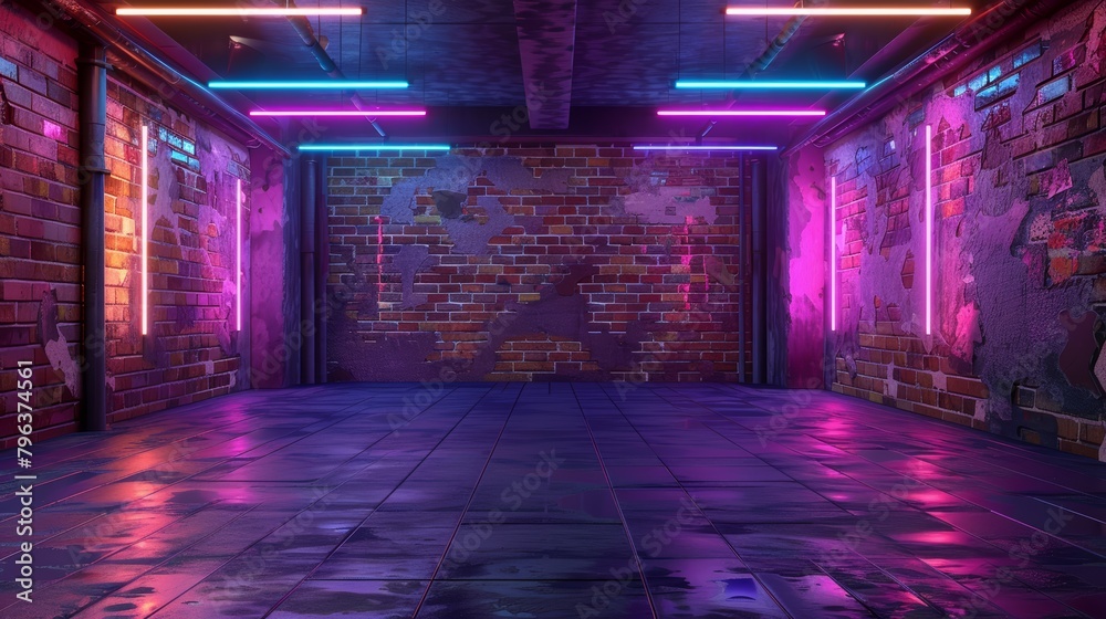 An urban grunge setting with old bricks bathed in the glow of neon lights, ideal for a backdrop in modern 3D visualization projects
