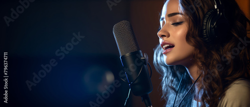 Young female singer-songwriter practicing vocals in a modern recording studio, headphones on, microphone in focus,