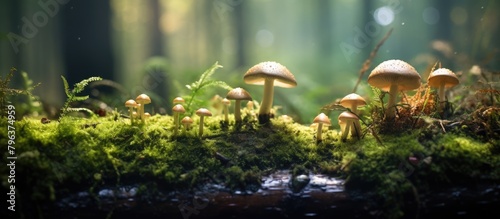 Mushrooms sprout on mossy forest floor