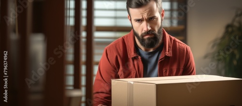 Man holding box with bearded and beardless faces photo