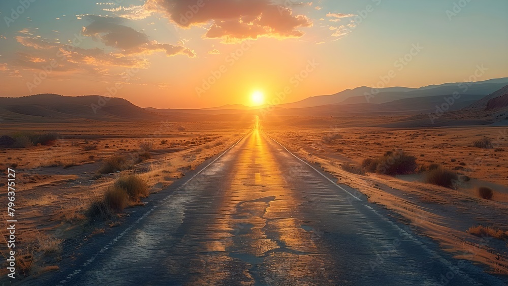 Mirage of heat waves rising from empty highway under hot sun. Concept Heat waves on highway, Desert mirage, Hot summer sun, Empty road illusion