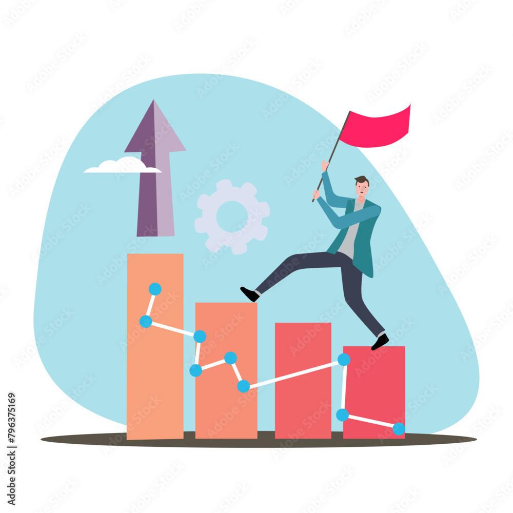 Businessman with red flag and growing graph. Flat vector illustration represent growth of business Businessman with red flag and growing graph. Flat vector illustration represent growth of business