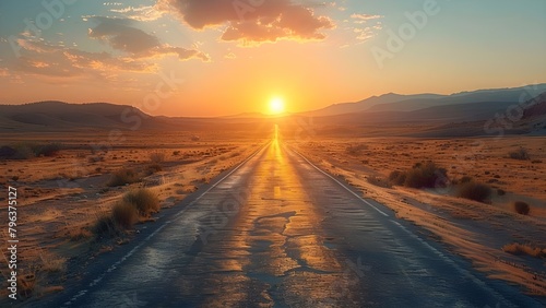 Mirage of heat waves rising from empty highway under hot sun. Concept Heat waves on highway, Desert mirage, Hot summer sun, Empty road illusion
