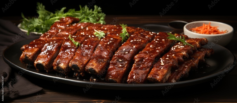 Juicy ribs, veggies, and sauce on a plate