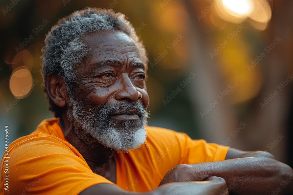 Warm portrait of a smiling senior man in an orange shirt enjoying a sunny day outdoors Warm portrait of a smiling senior man in an orange shirt enjoying a sunny day outdoors
