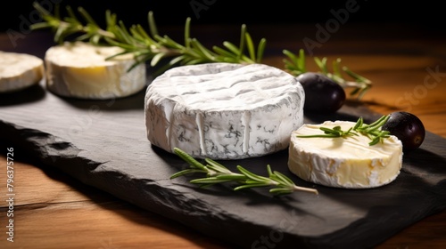 Organic goat cheese on a slate board, artisanal food concept, farm setting,