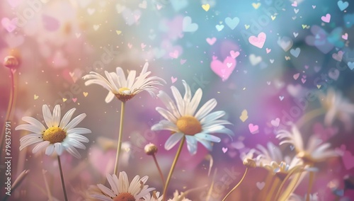 beautiful daisies flowers, hearts flying in the air