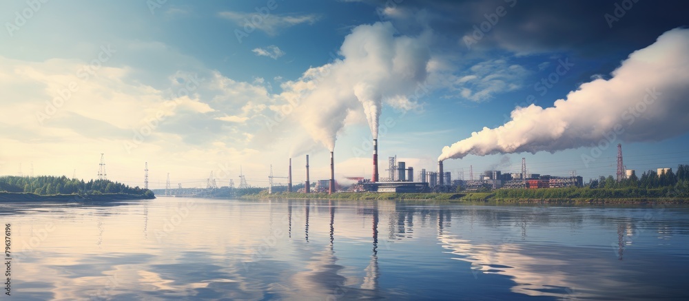Naklejka premium Smokestacks Emitting Pollution Above River Skyline