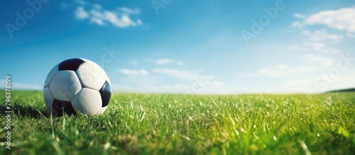 A soccer ball rests on lush green grass under the sun