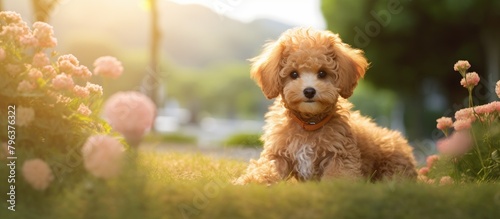Small dog rests on grass photo