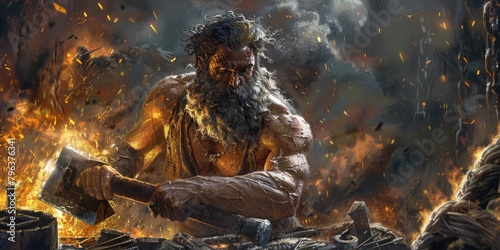 Iconic figure of Hephaistos, known as Vulcan in Roman mythology, revered as the god of fire, craftsmanship, and blacksmiths in both Greek and Roman cultures.