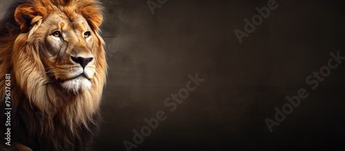 A lion's fierce gaze on a dark backdrop photo