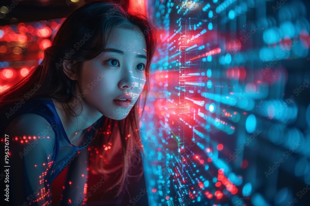 Young woman looking at digital cyber data with colorful light reflections overlay Young woman looking at digital cyber data with colorful light reflections overlay