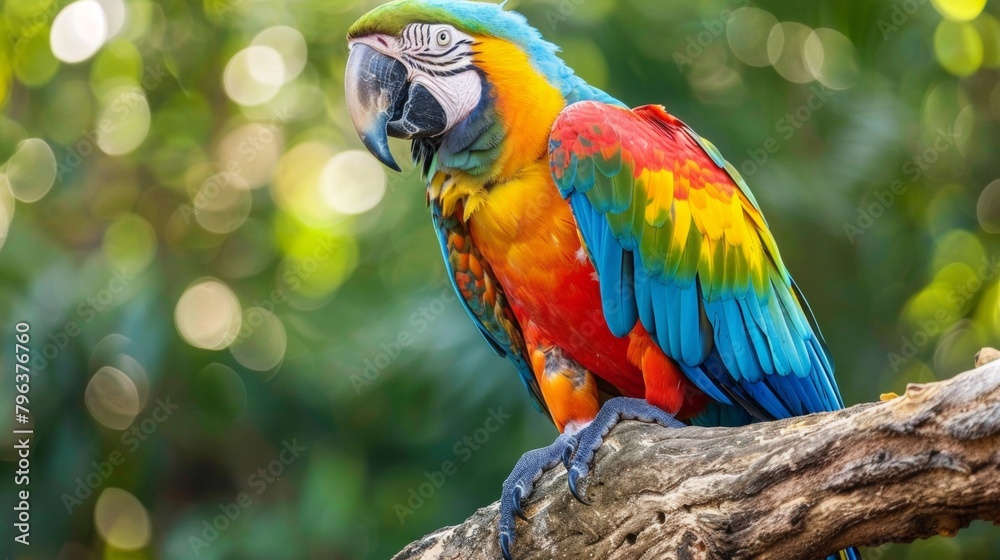 Fototapeta premium Macaw parrot with dazzling rainbow plumage, perched on a weathered branch