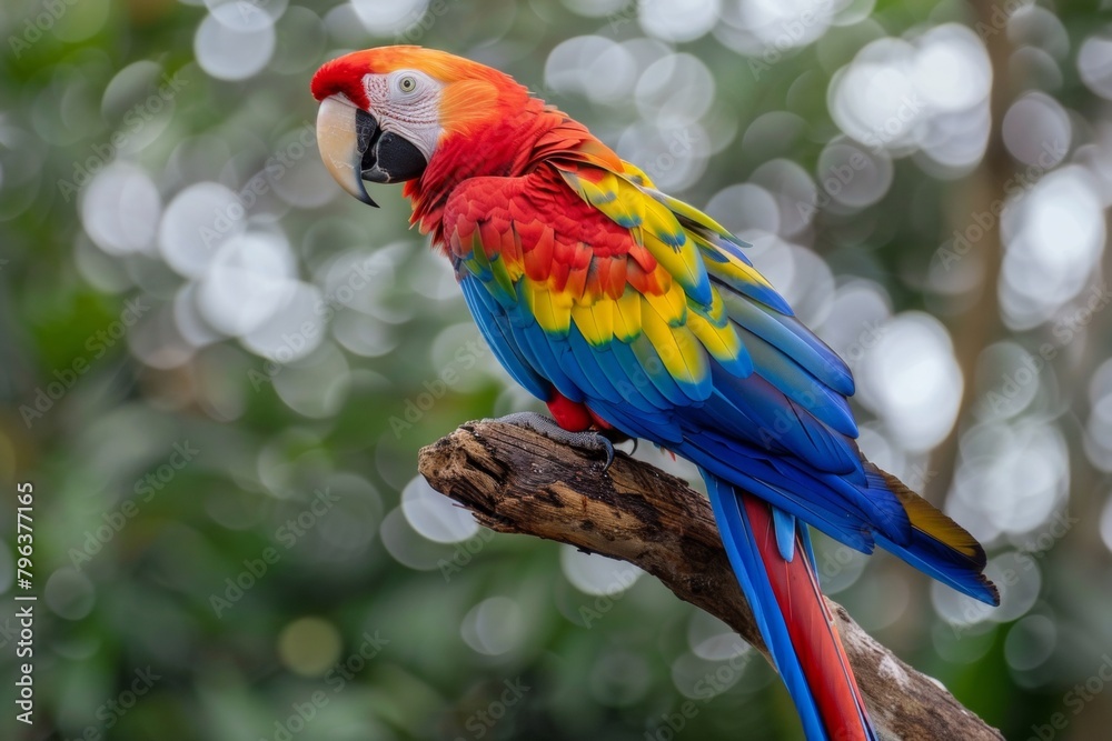 Macaw parrot with dazzling rainbow plumage, perched on a weathered branch
