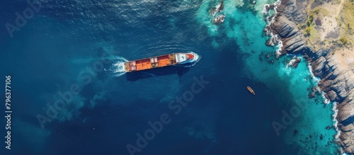 Boat navigating rocky coast from above
