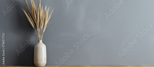Dried grass in white vase on wooden table