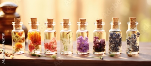 Bottles filled with flowers and herbs on table
